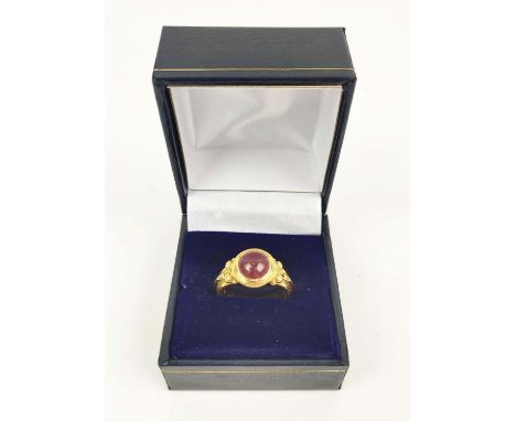 MASSIMO MARIA MELIS, Italian 20ct gold Roman revival ruby ring, the cabochon ruby set in a closed back setting, stamped, size