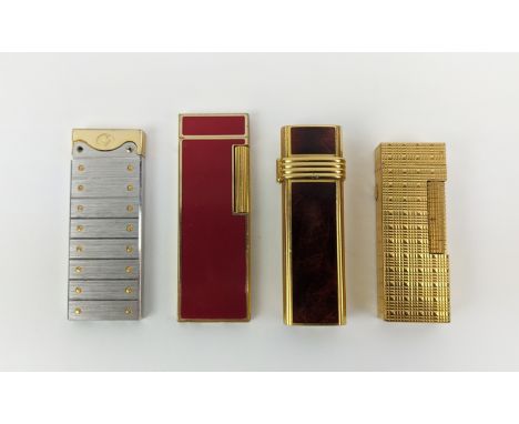 FOUR VARIOUS CIGARETTE LIGHTERS, including a Christian Dior gold plated and enamelled lighter, a Dunhill gold plated embossed