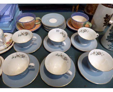 A Collection of Six Royal Doulton Rose Elegans Teacups and Saucers, Six Saucers and Two Studio Pottery Cups and Saucers