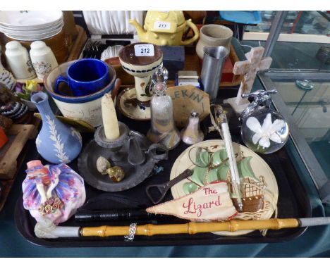 A Tray of Ceramics and Sundries to Include Torquay Ware Candlestick and Bowl, Crucifix, Chromed Press, Wedgwood Jasperware, S