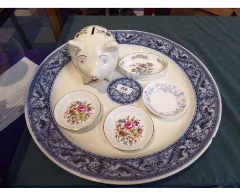 A 19th Century Blue and White Circular Moore and Co Charger, Chip to Rim, 43cm Diameter, together with Pig Money Box, Wedgwoo