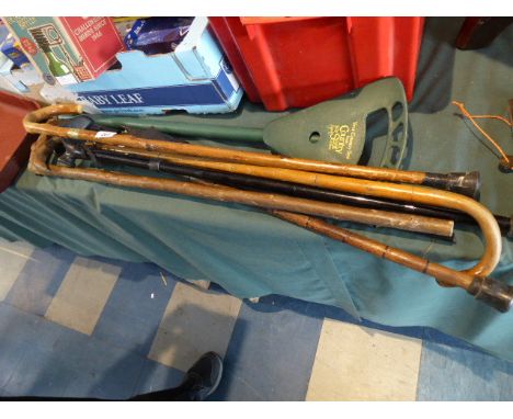 A Collection of Five Walking Sticks, One Umbrella and Modern Shooting Stick