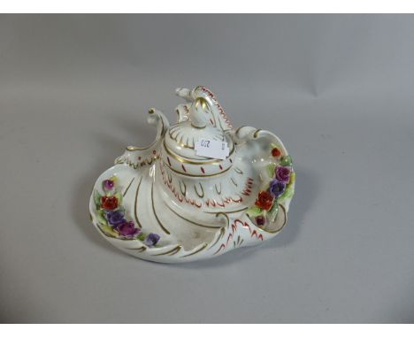 A German Hand Painted Porcelain Inkwell with Floral Encrusting 