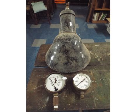 A Fahrenheit, Altitude Combination Meter, Pressure Meter and Vintage Industrial Light Fitting