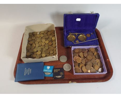 A Tray Containing Cased Set of Gold Scales, Together with Collection of British Coins