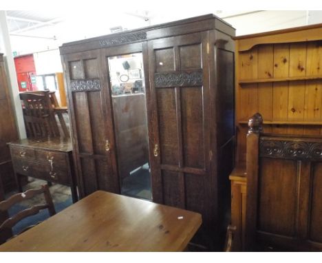 An Oak Two Piece Bedroom Suite Comprising Mirror Fronted Wardrobe and Washstand Chest together with a Pair of Oak Bed Ends, 9