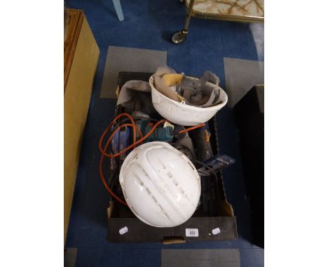 A Box of Electric Tools, Hard Hats Etc