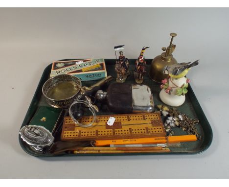 A Tray of Curios to Include Hip Flask, Wine Bottle Coaster, Table Lighter, Cribbage Board, Soldier Figures