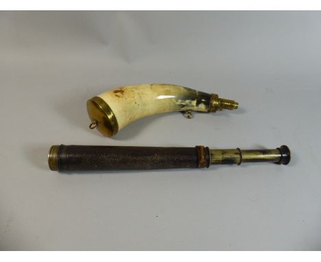 A 19th Century Brass Mounted Horn Powder Flask together with a Leather Covered Two Drawer Telescope.