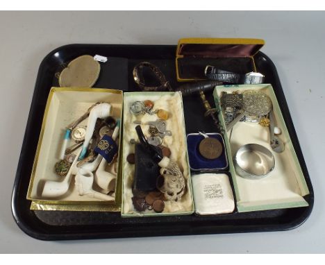 A Tray of Sundries to include Corkscrew, Carved Pipe, Coins, Enamels Wrist Watches Etc