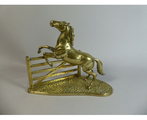 A Large Heavy Brass Study of Rearing Horse at Five Bar Gate, 29cm Wide