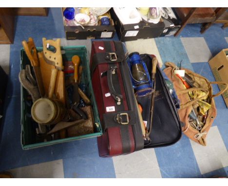 A Canvas Toolbag Containing Various Tools, Suitcase Containing Various Saws, Vice and Hurricane Lamp and a Box of Carpenters 