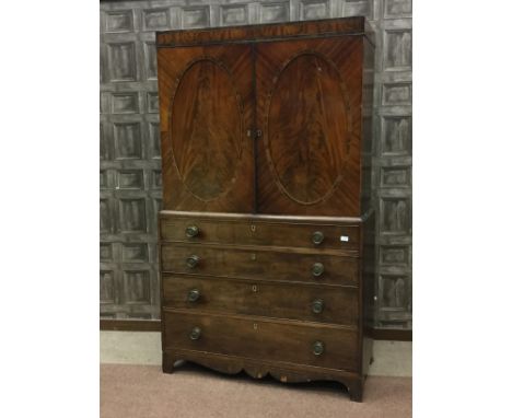VICTORIAN MAHOGANY PRESS CUPBOARD, with two panel doors enclosing pull out slides, the base with four graduated long drawers,