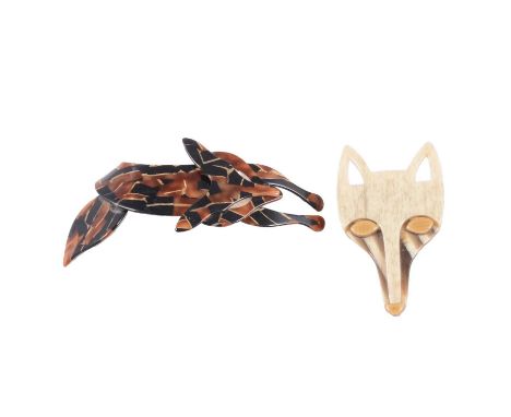 Lea Stein celluloid fox brooch, 9.5cm, and another Lea Stein celluloid fox mask brooch, 7cm.Qty: 2Condition report:Both are s