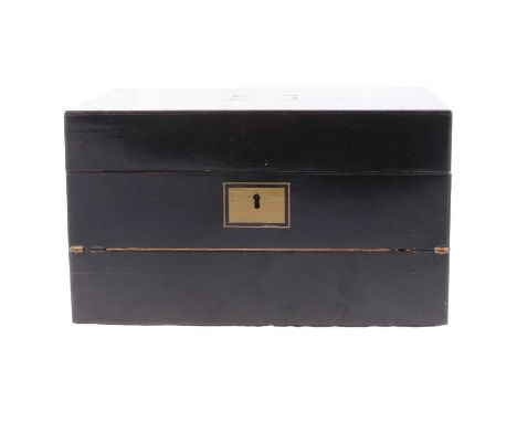 Victorian coromandel vanity case, rectangular hinged lid with brass inlay, fitted interior with tray and folding writing surf