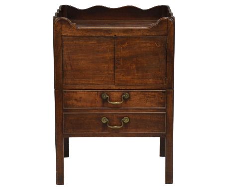 George III mahogany night table, galleried top above a cupboard, commode drawer, width 55cm, depth 47cm, height 79cm.