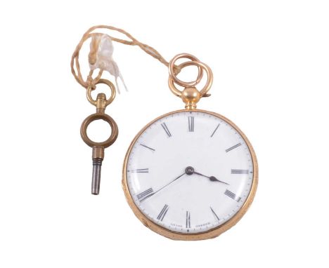 18ct gold open face fob watch, engraved case with blue enamel (worn), enameled dial, internal cover engraved No.6391, Grohe, 