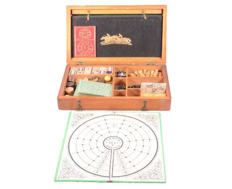 Victorian games box, with folding boards for draughts, go-bang, the great race game and campo-zulli, games including dominoes