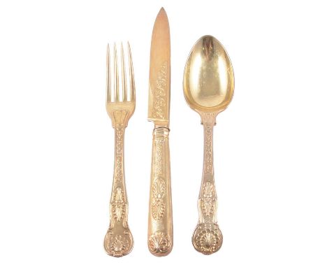 Silver gilt three piece cutlery set, Paul Storr, London, 1809-1810, including a knife with filled handle, fork and spoon, the