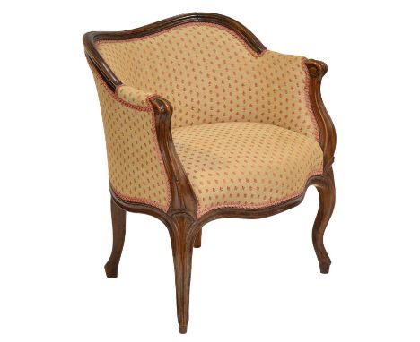 French walnut fauteuil, with a moulded and scrolled frame, serpentine seats, cabriole legs, width 69cm, height 74cm.