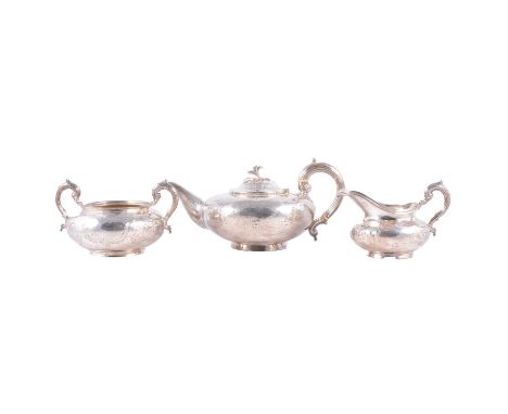 Victorian silver three-piece teaset, Goldsmiths Alliance Ltd., London 1867/68, each of compressed circular form, embossed and