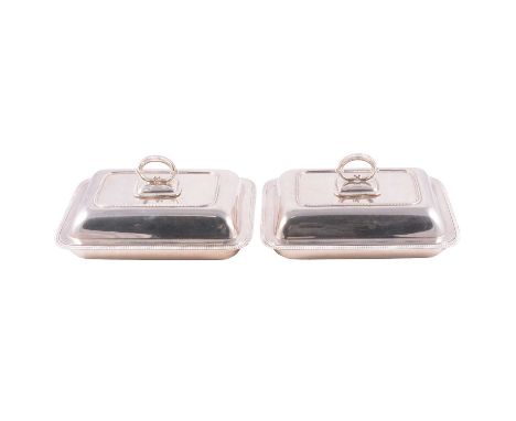 Pair of silver entree dishes, Harrison Brothers &amp; Howson, Sheffield 1932, rectangular with rounded corners, 27cm, total w