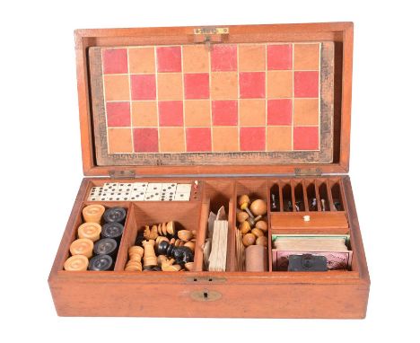 Victorian games box, fitted interior with folding leather covered board, dominoes, draughts, chess set, metal race horses, ca