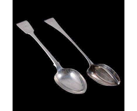 George III silver straining spoon, Thomas Dicks, London 1810, Old English pttern handle with engraved initials, 30cm, and a W