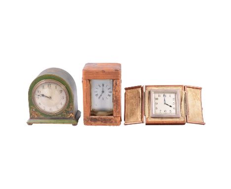 Silver strut clock, Goldsmith's &amp; Silversmith's Company, London 1929, leather case, 11cm, a French brass timepiece carria