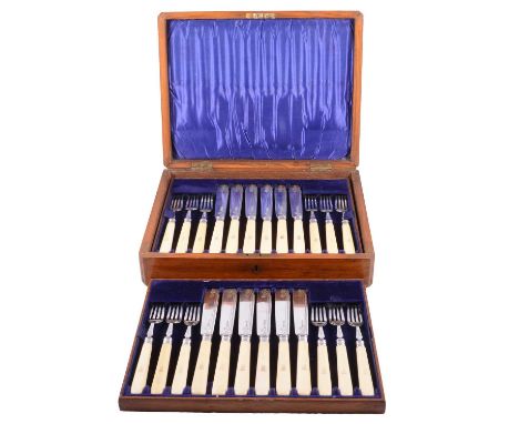 Set of eighteen silver bladed fish knives and forks, Harrison Brothers &amp; Howson, Sheffield 1900, composition handles, in 