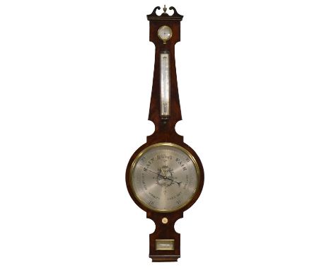 Early Victorian mahogany barometer, swan-neck pediment with brass finial, silvered dials, with additional thermometer, signed