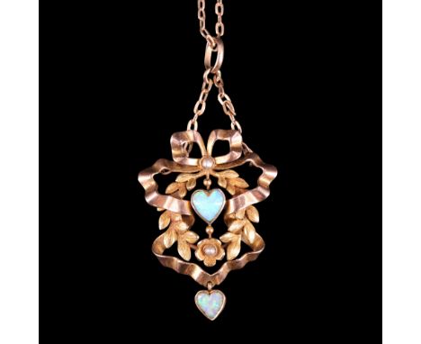 A fine late 19th / early 20th Century opal, pearl and 9 ct gold articulated pendant necklace, in the form of a ribbon-bow-ent