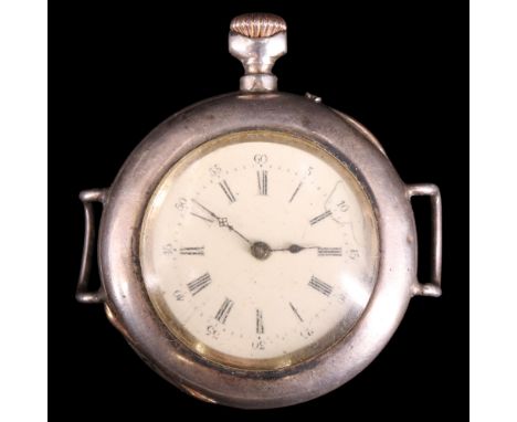 A late 19th Century Swiss silver crown-wound and pin-set pocket watch converted for wear on the wrist, having a cylinder move
