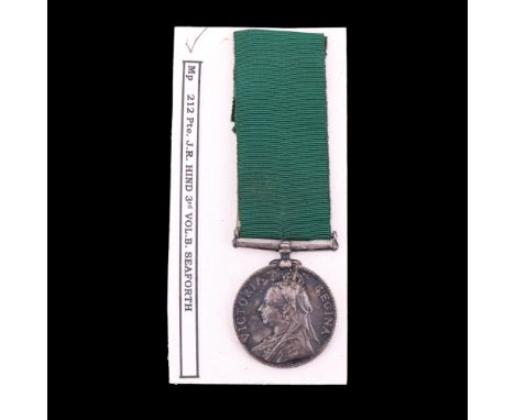  A Victorian Volunteer Long Service medal to 212, Pte J R Hind, 3rd Volunteer Battalion Seaforth Highlanders