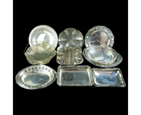 A group of Victorian and later electroplate swing-handled baskets, a German cigarette case, etc