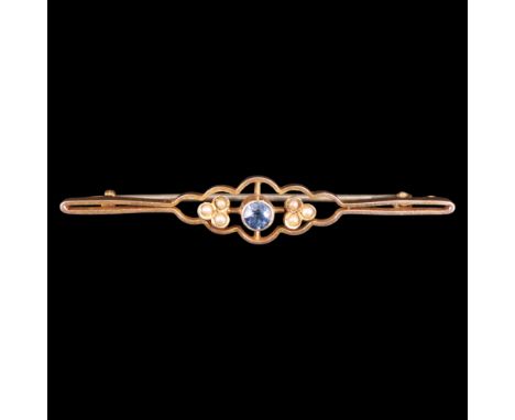A late 19th / early 20th Century blue topaz, seed pearl and 9 ct gold bar brooch, 5.5 cm, 2.3 g