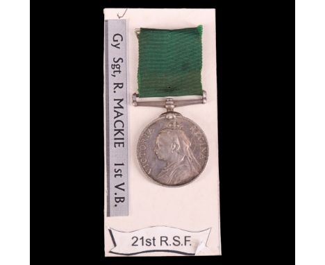 A Victorian Volunteer Long Service medal to Sgt R Mackie, 1st Volunteer Battalion, Royal Scots Fusiliers