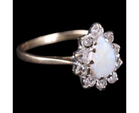A near contemporary pendeloque faux opal and diamond finger ring, set on 9 ct gold, K/L, 1.6 g