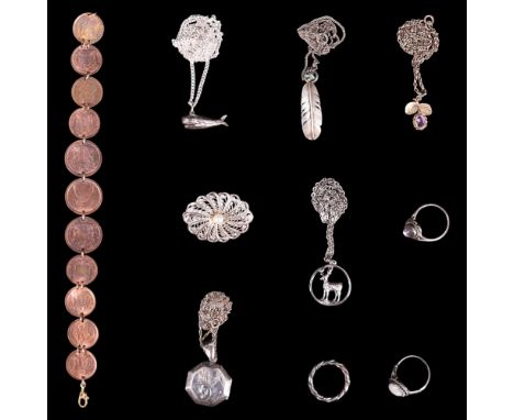 A group of vintage to contemporary white metal jewellery, including a Shipton &amp; Co Jonah and the Whale pendant necklace, 