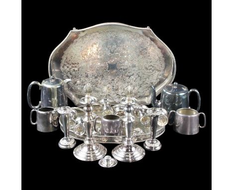A group of mid 20th Century electroplate including a pair of Georgian style three branch candelabra