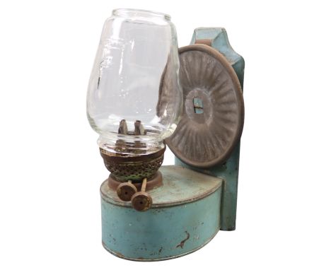 An early 20th Century tinplate oil lamp sconce and Chalwyn glass shade, height 25 cm