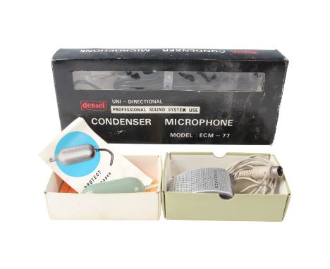 A vintage Densei Condenser Microphone, model ECM - 77, a boxed Ferrograph De-Fluxer and a 1960s Philips microphone, model num
