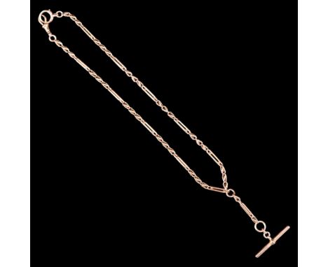 A Victorian 15 ct gold rope-and-double-fetter-link double watch chain with T-bar, swivel and bolt ring, 45 cm, 35.5 g 