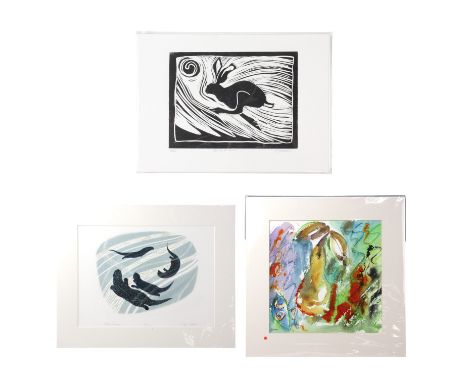 Three works by contemporary Cumbrian artists Eileen Anderson and Ray Ogden comprising "Pear Jazz", a colourful depiction of a