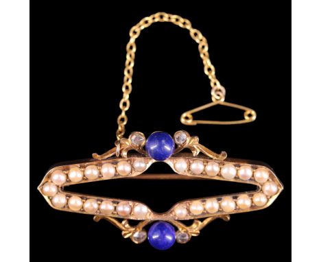 A Victorian lapis lazuli, seed pearl and 9 ct gold brooch, being an elongated oval circuit of uniform pearls, with mounts in 