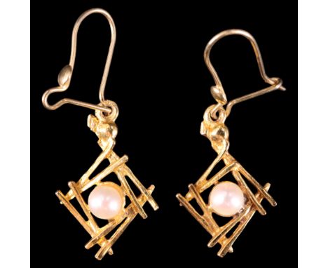 A pair of pearl and 9 ct gold ear pendants, each comprising a 4 mm pearl set within an openwork lozenge of acute chevrons, 3 