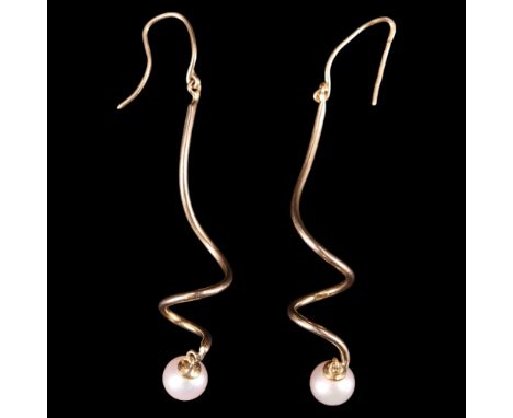 A pair of pearl and 18 ct yellow metal spiral ear pendants, each being a dependant pearl of 7 mm below a polished and loosely