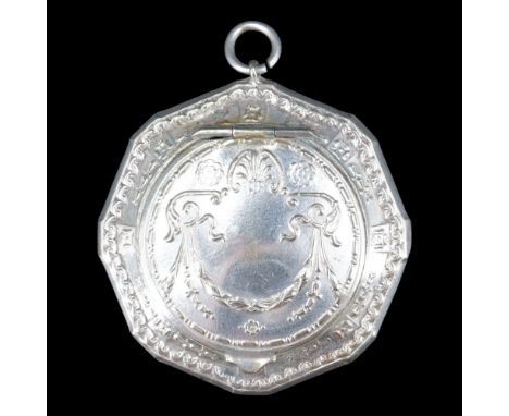 A 19th Century silver plated pendant / chatelaine patch or powder box, its lid underside carrying a mirror plate, 43 mm