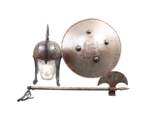 An Indian etched steel khula khud, dahl and battle axe, 20th Century. [ keywords sword, shield, helmet, armour ] 