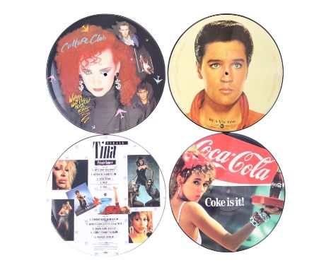 Four 1980s 33 rpm vinyl picture disc records comprising Tina Turner "Private Dancer", Culture Club "Waking Up with the House 